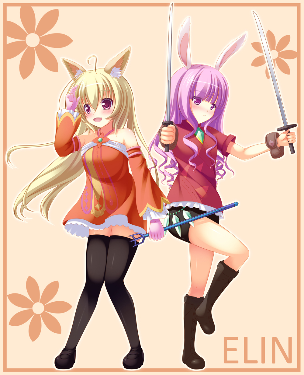 2girls ahoge animal_ears bare_shoulders black_footwear black_legwear blonde_hair blush boots breasts closed_mouth collarbone dog_ears dual_wielding elin_(tera) eyebrows_visible_through_hair highres holding holding_sword holding_weapon knee_boots large_breasts long_hair looking_at_viewer looking_away multiple_girls open_mouth psyche3313 purple_hair rabbit_ears red_eyes smile solo sword tera_online thigh-highs violet_eyes weapon