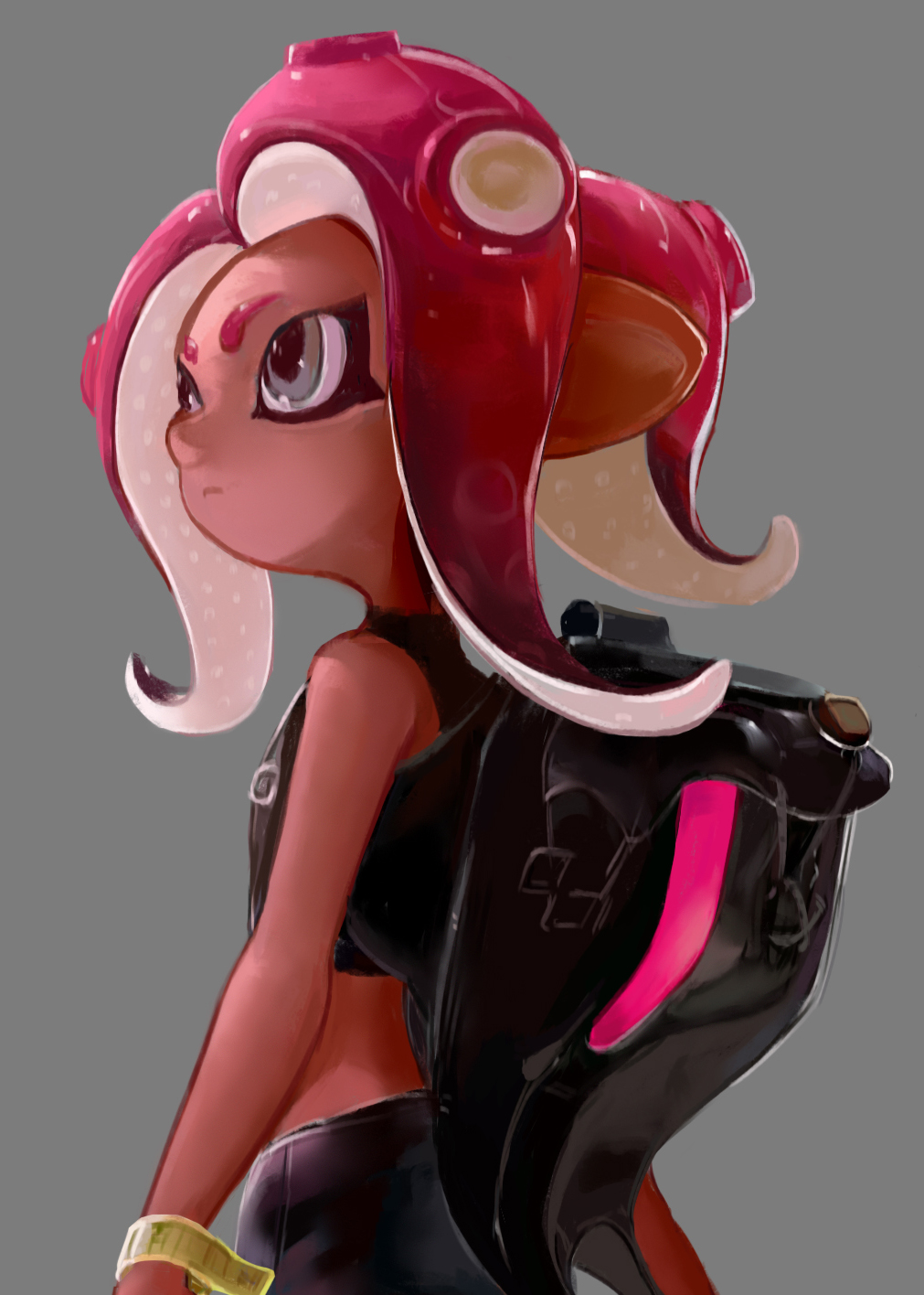 1girl agent_8 backpack bag black_shirt black_skirt crop_top grey_background grey_eyes highres midriff octoling pink_hair pointy_ears shirt short_hair simple_background skirt sleeveless sleeveless_shirt solo splatoon splatoon_2 splatoon_2:_octo_expansion squidbeak_splatoon takozonesu tentacle_hair wristband