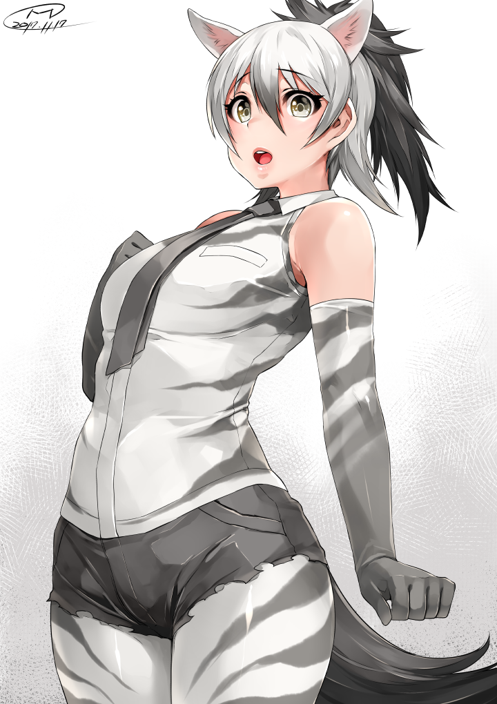 1girl :o aardwolf_(kemono_friends) aardwolf_ears aardwolf_tail animal_ears arm_at_side bare_shoulders black_hair black_neckwear black_shorts breast_pocket clenched_hands collared_shirt dated elbow_gloves extra_ears eyebrows_visible_through_hair gloves grey_eyes grey_hair hair_between_eyes hand_on_own_chest hand_up happa_(cloverppd) high_ponytail kemono_friends lips long_hair looking_at_viewer multicolored_hair necktie open_mouth outstretched_arm pocket ponytail print_gloves print_legwear print_shirt shiny shiny_clothes shirt short_shorts shorts signature sleeveless sleeveless_shirt solo standing tail upper_body