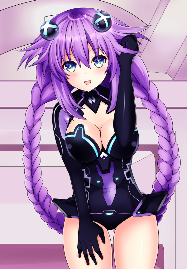 1girl :d blue_eyes blush braid breasts cleavage cleavage_cutout covered_navel cowboy_shot d-pad d-pad_hair_ornament hair_between_eyes hair_ornament indoors leaning_forward leekoe2525 leotard long_hair medium_breasts neptune_(series) open_mouth power_symbol purple_hair purple_heart skin_tight smile solo symbol-shaped_pupils twin_braids twintails very_long_hair