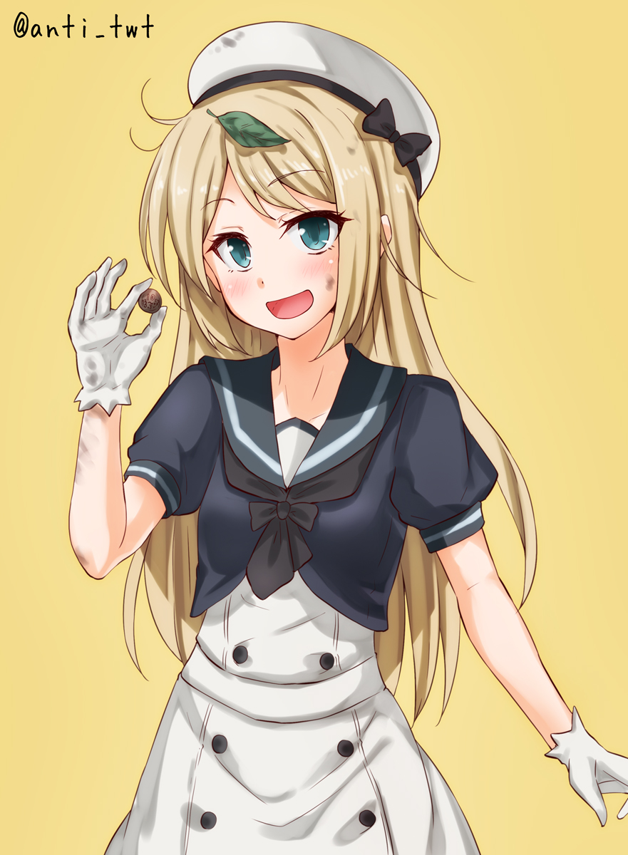1girl :d anti_(untea9) arm_at_side beret black_neckwear black_sailor_collar black_shirt blonde_hair blue_eyes blush coin cowboy_shot crop_top dirty_face dress eyebrows_visible_through_hair gloves hat highres jervis_(kantai_collection) kantai_collection leaf leaf_on_head looking_at_viewer messy_hair money neckerchief open_mouth sailor_collar shiny shiny_hair shirt short_sleeves smile solo standing straight_hair tareme twitter_username white_dress white_gloves white_hat