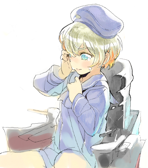 1girl ascot bangs beret blonde_hair blue_dress blue_eyes blue_hat blue_neckwear blue_sailor_collar closed_mouth dress eyebrows eyebrows_visible_through_hair facing_away fronttire hair_between_eyes hand_on_own_head hat kantai_collection long_sleeves machinery sailor_collar sailor_dress short_dress short_hair simple_background solo tears turret white_background z1_leberecht_maass_(kantai_collection)