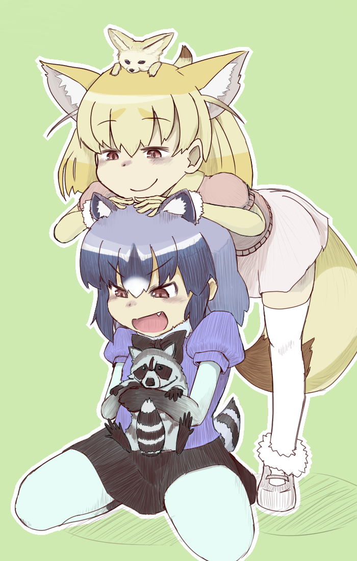 2girls animal_ears blonde_hair blue_hair bow bowtie chin_on_head chin_rest common_raccoon_(kemono_friends) elbow_gloves eyebrows_visible_through_hair fang fennec_(kemono_friends) fennec_fox fox_ears fox_tail fur_collar fur_trim gloves grey_hair kemono_friends kneeling multicolored_hair multiple_girls open_mouth pantyhose puffy_short_sleeves puffy_sleeves raccoon raccoon_ears raccoon_tail short_hair short_sleeves skirt smile smug sweater tail thigh-highs user_gxpv2747 v-shaped_eyebrows