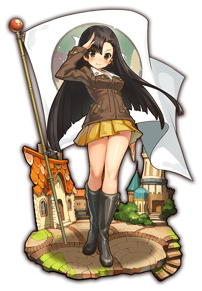1girl asymmetrical_bangs bangs black_footwear boots brown_eyes brown_hair brown_jacket building chi-hatan_(emblem) chi-hatan_military_uniform closed_mouth collaboration commentary_request day emblem faux_figurine flag full_body girls_und_panzer jacket knee_boots last_period long_hair long_sleeves looking_at_viewer military military_uniform miniskirt nishi_kinuyo official_art outdoors pleated_skirt salute shirt skirt smile solo standing transparent_background uniform white_flag white_shirt yellow_skirt