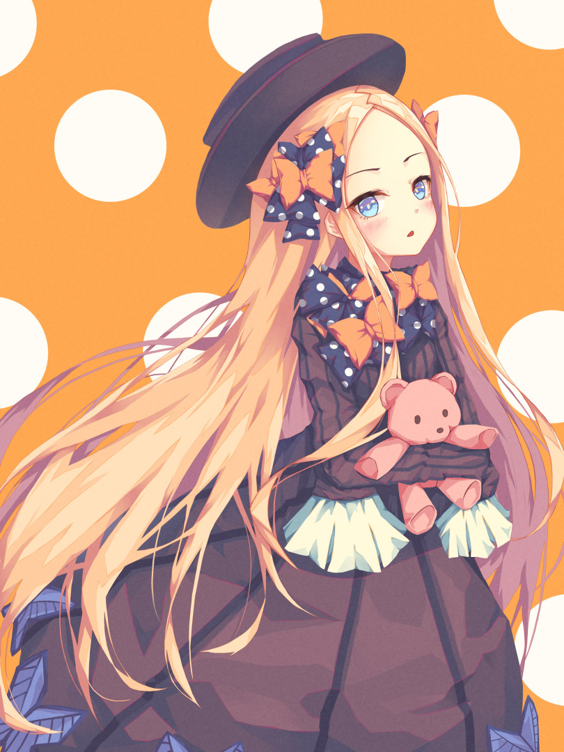 1girl :o abigail_williams_(fate/grand_order) artist_name bangs black_bow black_dress black_hat blonde_hair blue_eyes blush bow butterfly dress fate/grand_order fate_(series) forehead h2o_(dfo) hair_bow hat long_hair long_sleeves looking_at_viewer object_hug orange_background orange_bow parted_bangs parted_lips polka_dot polka_dot_background polka_dot_bow sleeves_past_fingers sleeves_past_wrists solo stuffed_animal stuffed_toy teddy_bear very_long_hair