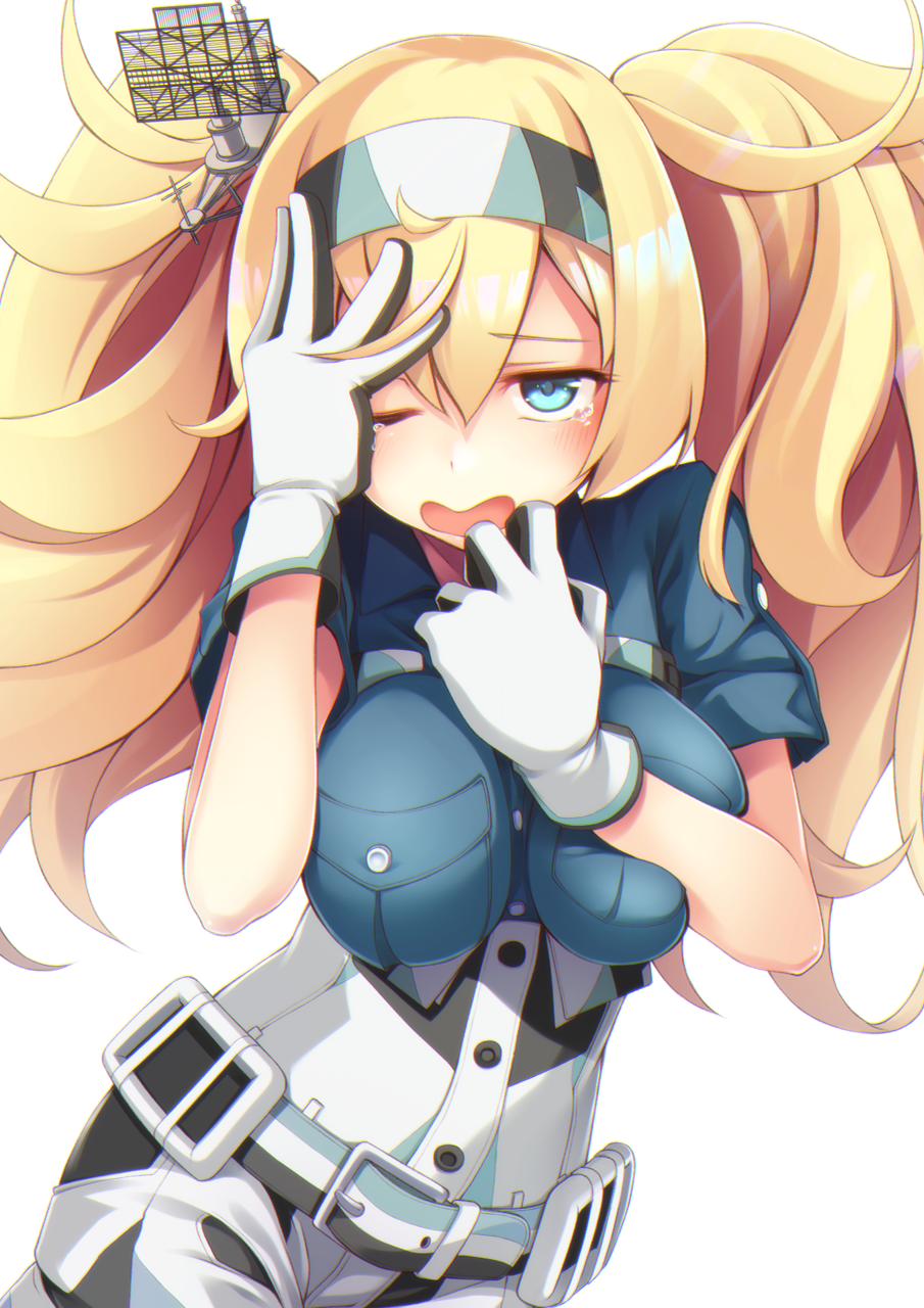 1girl belt belt_buckle blonde_hair blue_eyes breast_pocket buckle buttons gambier_bay_(kantai_collection) gloves hair_between_eyes highres kantai_collection long_hair mofu_namako multicolored multicolored_clothes multicolored_gloves one_eye_closed open_mouth pocket short_sleeves simple_background solo twintails white_background