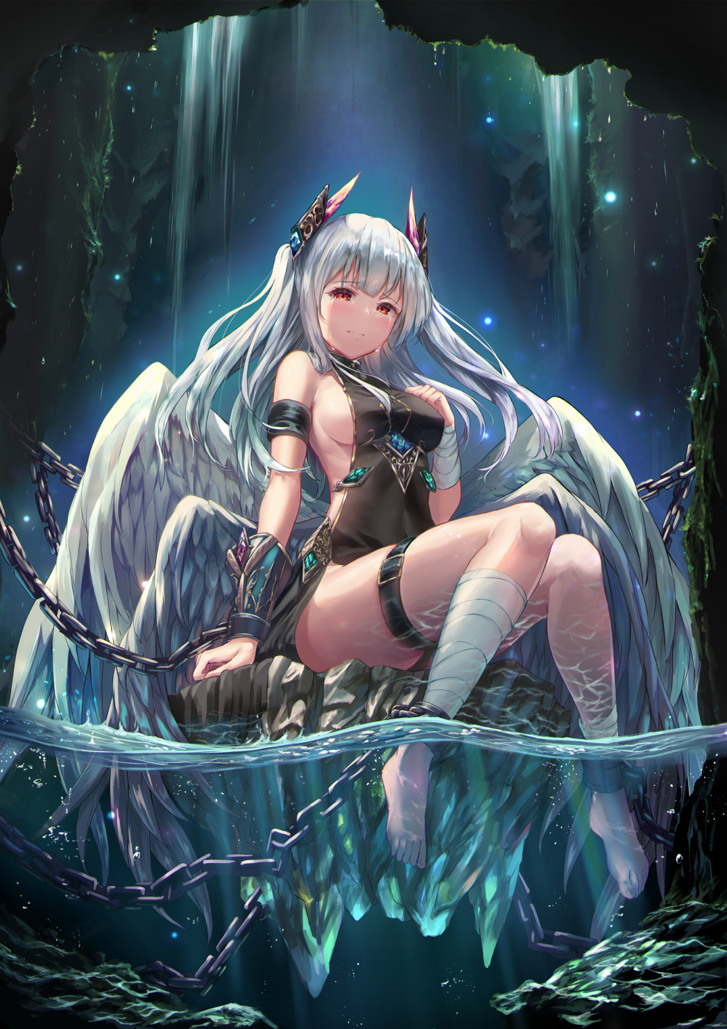 1girl bandage bangs barefoot blunt_bangs blush breasts cave chains crying full_body highres long_hair looking_at_viewer medium_breasts multiple_wings original red_eyes revision sideboob silver_hair sitting soaking_feet solo tama_satou tears two_side_up vambraces water white_wings wings