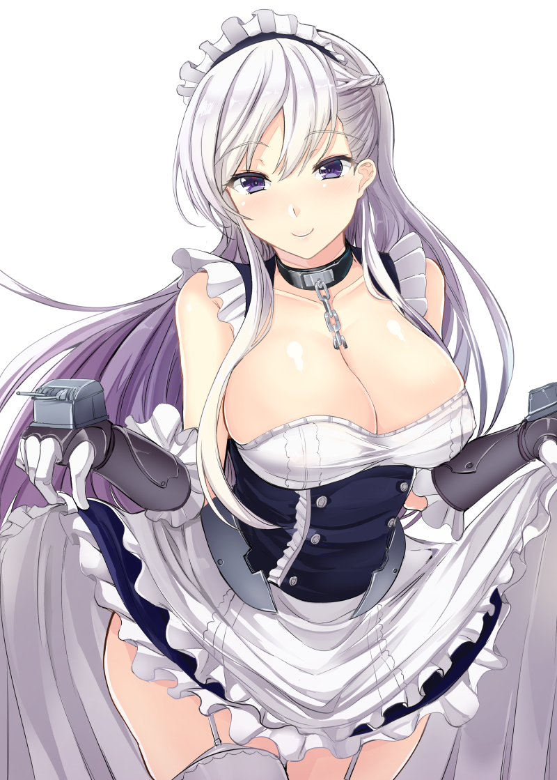 1girl apron azur_lane belfast_(azur_lane) blue_eyes blush braid breasts chains choker cleavage corset dress dress_lift french_braid garter_straps gin'ichi_(akacia) gloves large_breasts long_hair maid_apron maid_headdress silver_hair simple_background smile solo thigh-highs white_apron white_background white_gloves white_legwear