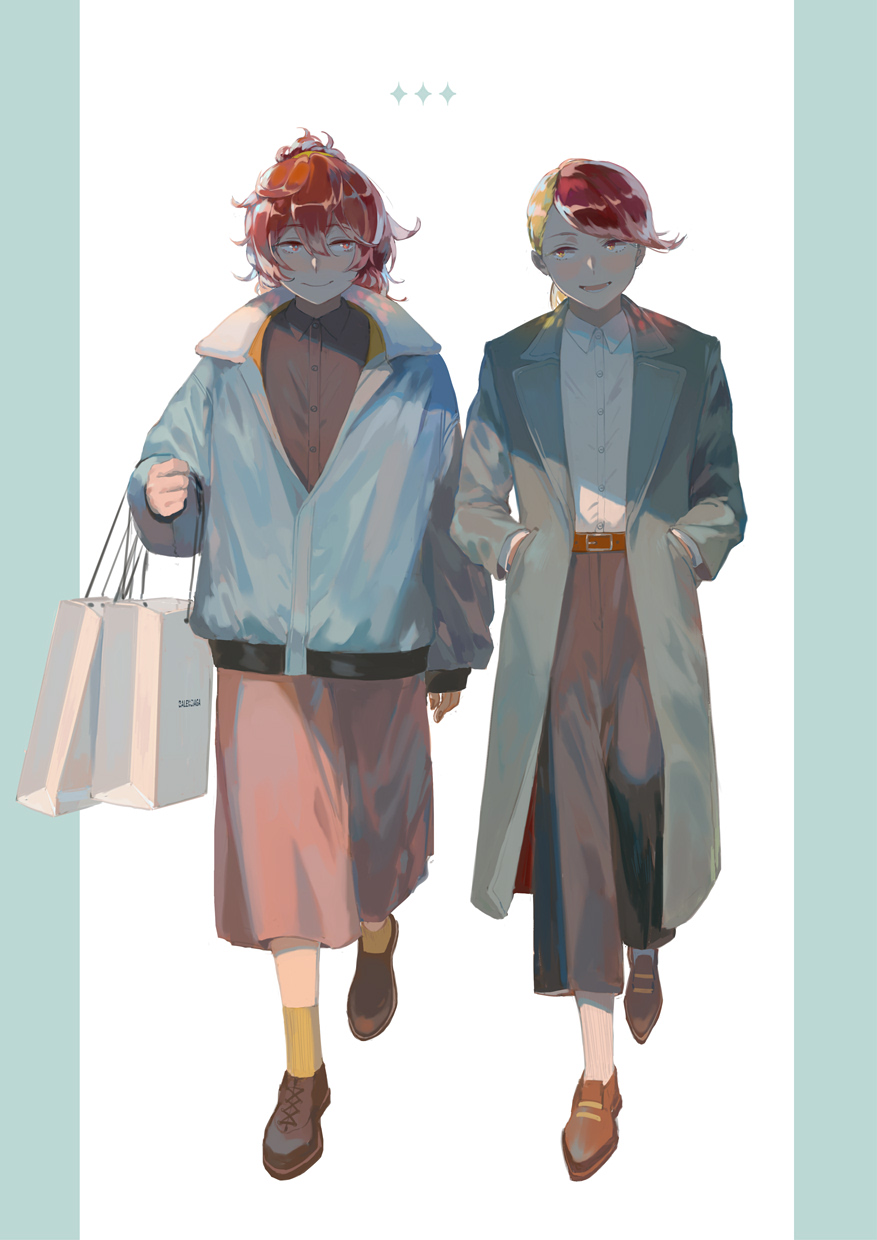 alternate_costume androgynous bag belt blonde_hair coat contemporary hands_in_pockets highres houseki_no_kuni jacket long_hair multicolored_hair padparadscha_(houseki_no_kuni) red_eyes redhead rutile_(houseki_no_kuni) shopping_bag short_hair skirt smile tamomoko yellow_eyes