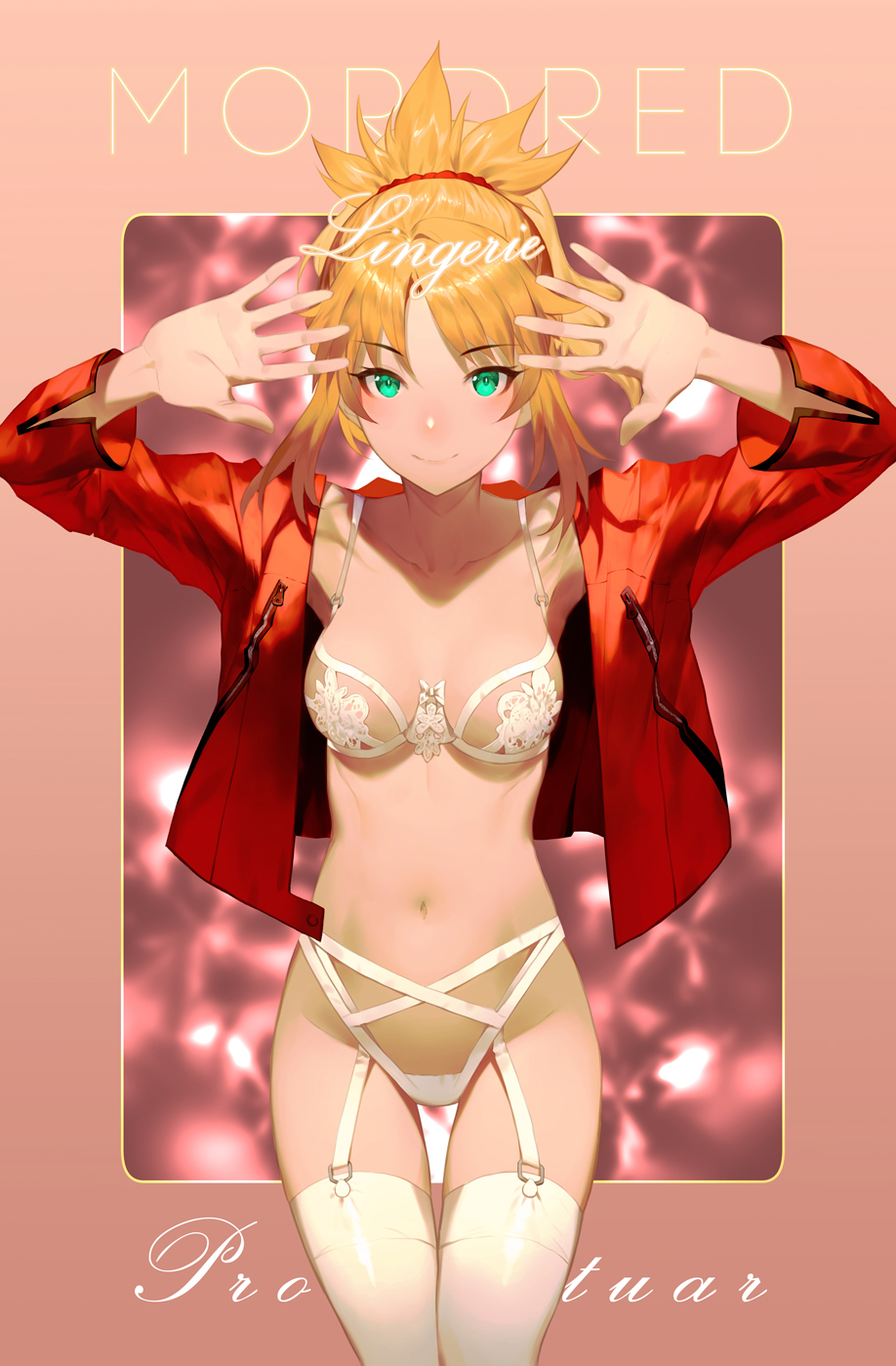 1girl blonde_hair blush bra braid breasts closed_eyes commentary_request eyebrows_visible_through_hair fate/apocrypha fate/grand_order fate_(series) french_braid garter_straps green_eyes hair_ornament hair_scrunchie highres jacket leather leather_jacket lingerie long_hair looking_at_viewer medium_breasts mordred_(fate) mordred_(fate)_(all) navel open_clothes open_jacket panties ponytail red_jacket salmon88 scrunchie shiny shiny_hair smile solo standing thigh-highs underwear white_panties