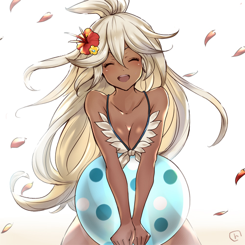 1girl :d ^_^ ahoge ball bare_shoulders beachball bikini blush breasts cleavage closed_eyes collarbone dark_skin flower front-tie_bikini front-tie_top granblue_fantasy hagawa_r hair_between_eyes hair_flower hair_ornament hibiscus long_hair lowres medium_breasts open_mouth petals simple_background smile solo swimsuit the_order_grande v_arms very_long_hair white_background white_bikini white_hair