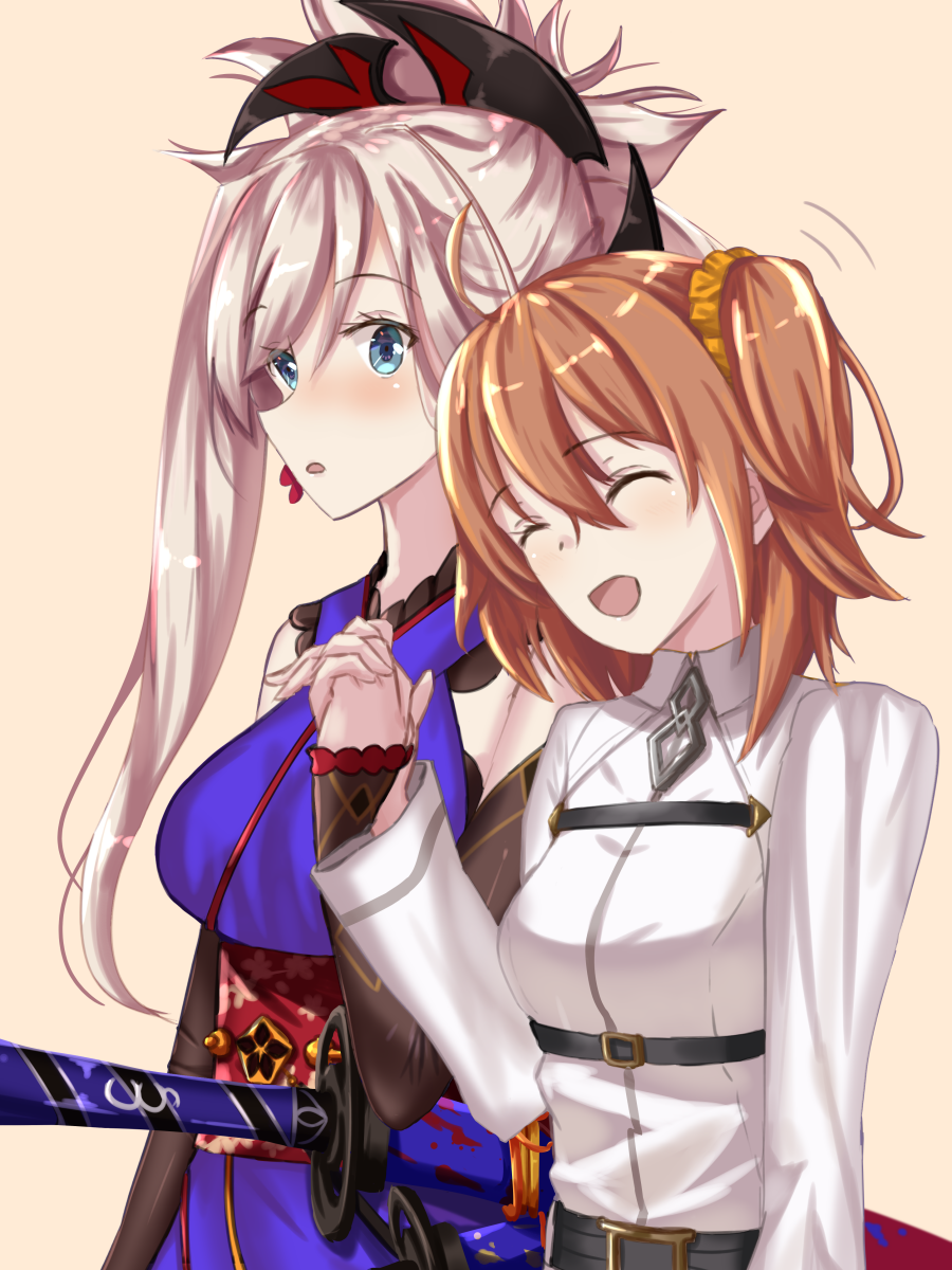 2girls ahoge bare_shoulders blonde_hair blue_eyes blush chaldea_uniform closed_eyes fate/grand_order fate_(series) fujimaru_ritsuka_(female) hair_ornament hair_scrunchie hand_holding highres japanese_clothes long_hair long_sleeves medium_hair miyamoto_musashi_(fate/grand_order) multiple_girls open_mouth orange_hair scabbard scrunchie sheath side_ponytail sword tan_background weapon ynote yuri