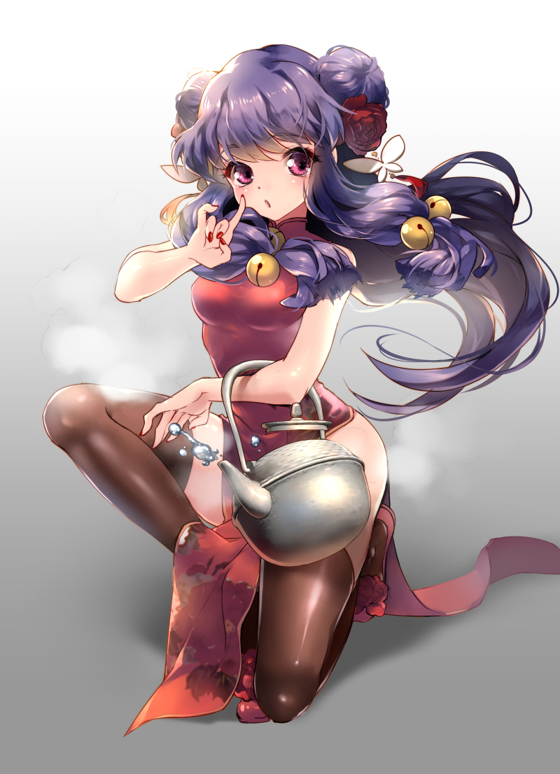 1girl bell breasts brown_legwear china_dress chinese_clothes covered_navel double_bun dress eyebrows_visible_through_hair flower full_body hair_bell hair_flower hair_ornament jingle_bell kettle lilithbloody long_hair medium_breasts nail_polish one_knee pink_eyes purple_hair ranma_1/2 red_dress red_footwear red_nails shampoo_(ranma_1/2) side_slit sidelocks sleeveless sleeveless_dress solo steam thigh-highs