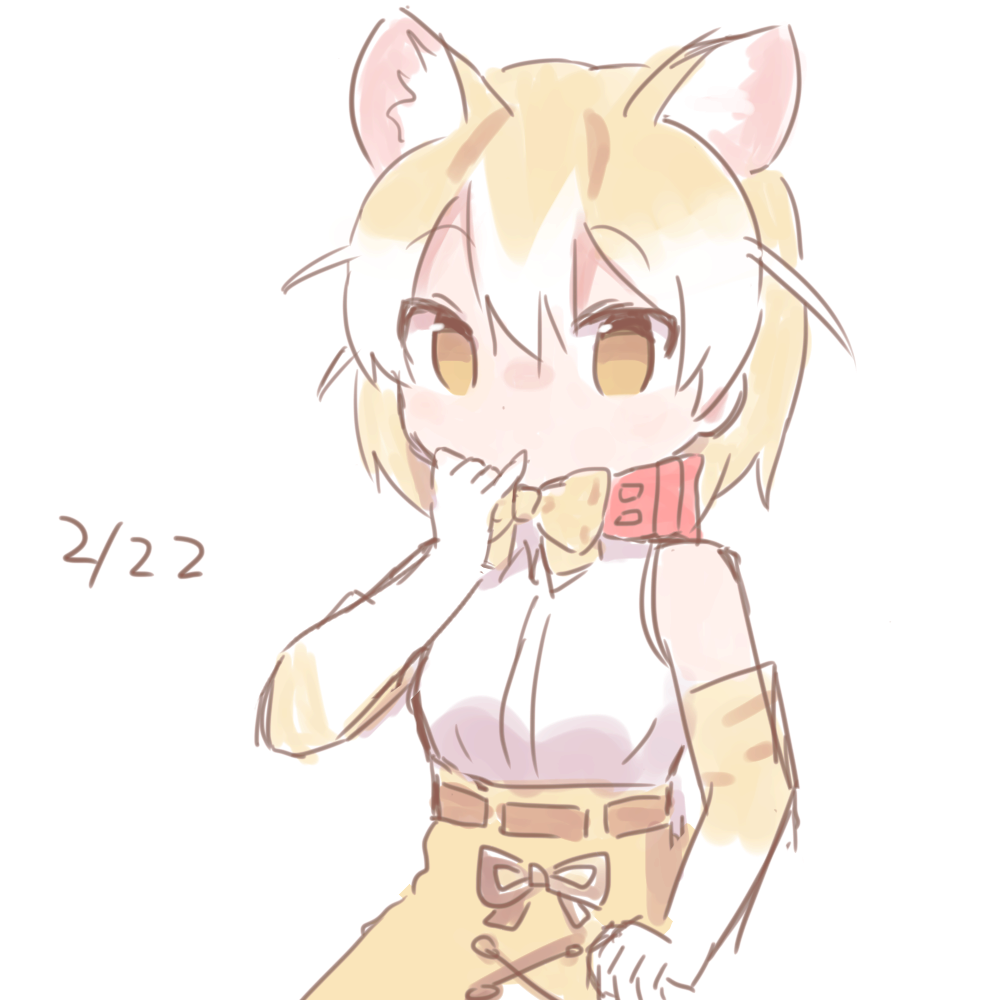 1girl animal_ears bare_shoulders blonde_hair bow bowtie cat_day cat_ears character_request colo_(frypan_soul) dated elbow_gloves gloves kemono_friends looking_at_viewer multicolored_hair shirt short_hair simple_background sketch sleeveless sleeveless_shirt solo upper_body white_background white_hair white_shirt