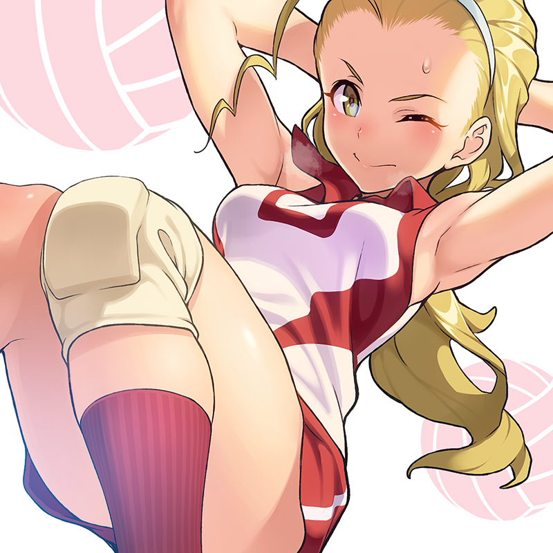 1girl armpits arms_behind_head blonde_hair brown_eyes closed_mouth commentary girls_und_panzer hair_pulled_back hairband knee_pads legs long_hair looking_at_viewer lying on_back one_eye_closed pairan ponytail red_legwear red_shirt red_shorts sasaki_akebi shirt short_shorts shorts sit-up sleeveless sleeveless_shirt smile socks solo sportswear sweatdrop v-shaped_eyebrows volleyball volleyball_uniform white_hairband