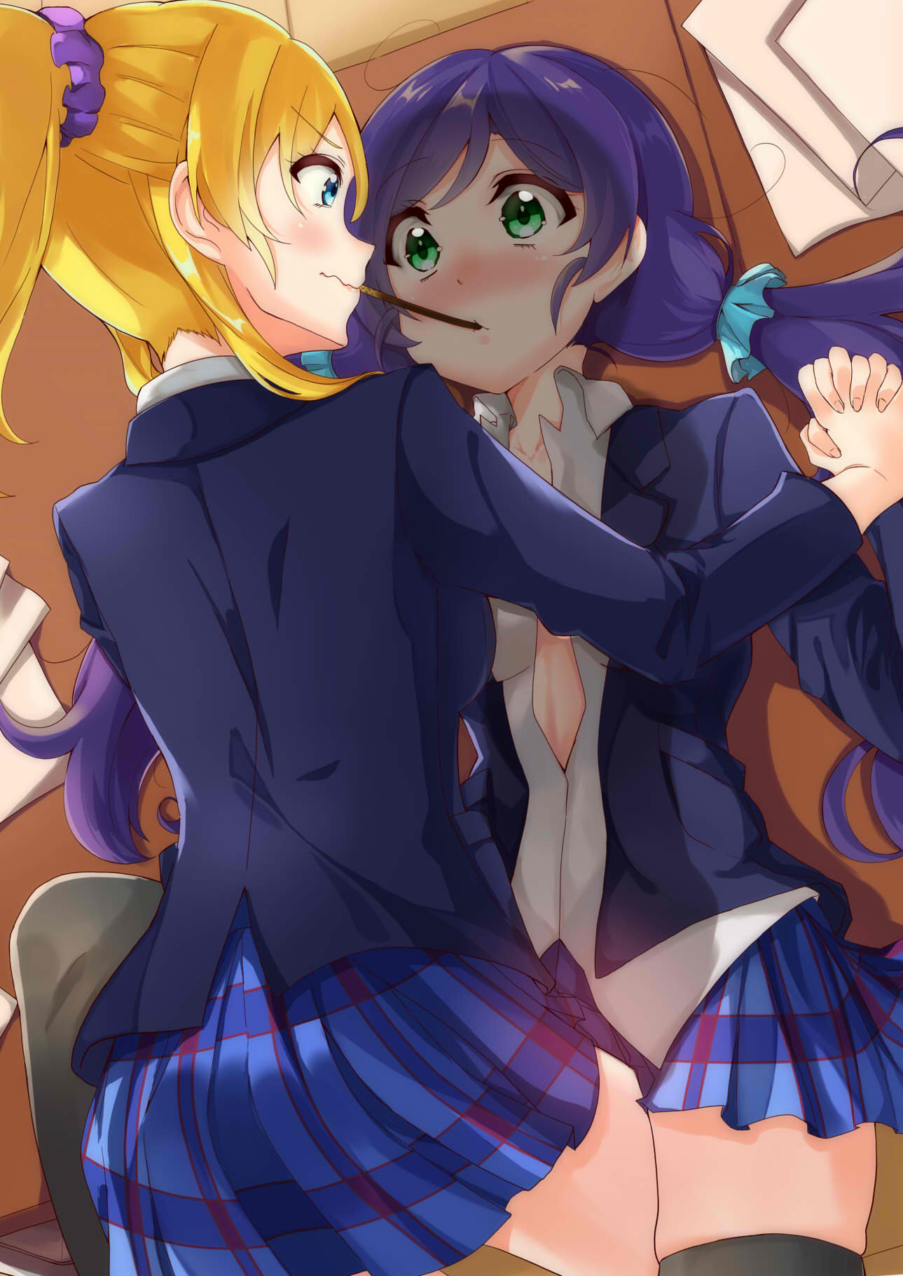 2girls ayase_eli black_legwear blazer blonde_hair blue_eyes blue_scrunchie blue_skirt blush desk eye_contact face-to-face food green_eyes hand_holding highres jacket long_sleeves looking_at_another love_live! love_live!_school_idol_project lying miniskirt mouth_hold multiple_girls natsumeyuki_(siroyuki026) nose_blush on_back on_desk otonokizaka_school_uniform papers plaid plaid_skirt pleated_skirt pocky pocky_kiss ponytail purple_hair purple_scrunchie shared_food skirt thigh-highs toujou_nozomi twintails unbuttoned unbuttoned_shirt wavy_mouth yuri