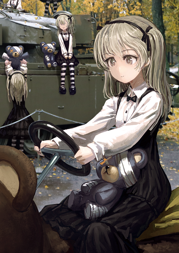 1girl arms_up bangs black_footwear black_legwear black_neckwear black_ribbon black_skirt boko_(girls_und_panzer) bow bowtie casual closed_mouth collared_shirt commentary_request faceless faceless_female fall girls_und_panzer ground_vehicle hair_ribbon hands_on_lap high-waist_skirt holding holding_stuffed_animal kiddie_ride lain layered_skirt light_brown_eyes light_brown_hair long_hair long_sleeves mary_janes military military_vehicle motor_vehicle multiple_views pantyhose reaching real_world_location ribbon riding shimada_arisu shirt shoes side_ponytail sitting skirt smile standing striped striped_legwear stuffed_animal stuffed_toy suspender_skirt suspenders tank teddy_bear tree vehicle_request white_shirt