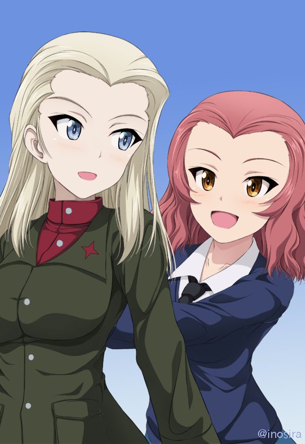 2girls :d bangs black_neckwear blonde_hair blue_background blue_eyes blue_sweater brown_eyes clara_(girls_und_panzer) commentary_request dress_shirt emblem girls_und_panzer gradient gradient_background green_jacket inoshira jacket long_hair long_sleeves looking_at_another looking_back multiple_girls necktie open_mouth parted_bangs pushing red_shirt redhead rosehip school_uniform shirt short_hair smile st._gloriana's_school_uniform standing sweater turtleneck v-neck white_shirt