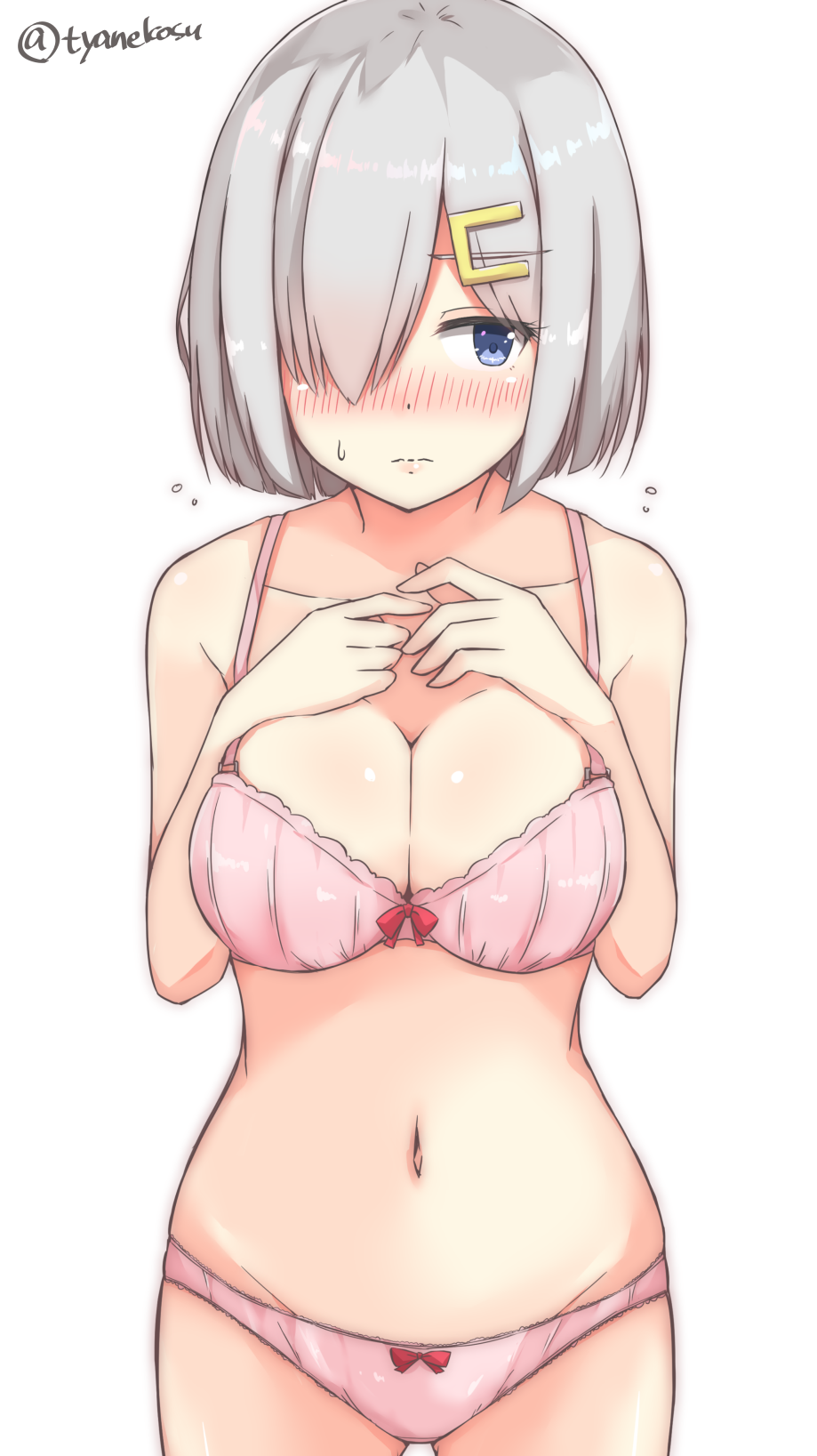 1girl blue_eyes blush bra breasts chaa_(korone-ze) cleavage collarbone embarrassed hair_ornament hair_over_one_eye hairclip hamakaze_(kantai_collection) hands_together highres kantai_collection large_breasts looking_at_viewer navel nose_blush panties pink_bra pink_panties short_hair silver_hair simple_background skindentation solo twitter_username underwear underwear_only upper_body white_background