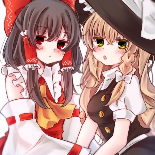 2girls :o annoyed ascot bare_shoulders black_hair blonde_hair blouse blush bow braid breasts buttons green_eyes hair_bow hair_tubes hand_holding hat hat_bow jitome large_bow long_hair looking_at_viewer medium_breasts multiple_girls puffy_short_sleeves puffy_sleeves red_eyes ribbon-trimmed_sleeves ribbon_trim shimashiro_itsuki short_sleeves side_braid single_braid skirt skirt_set straight_hair touhou wavy_hair witch_hat yellow_neckwear