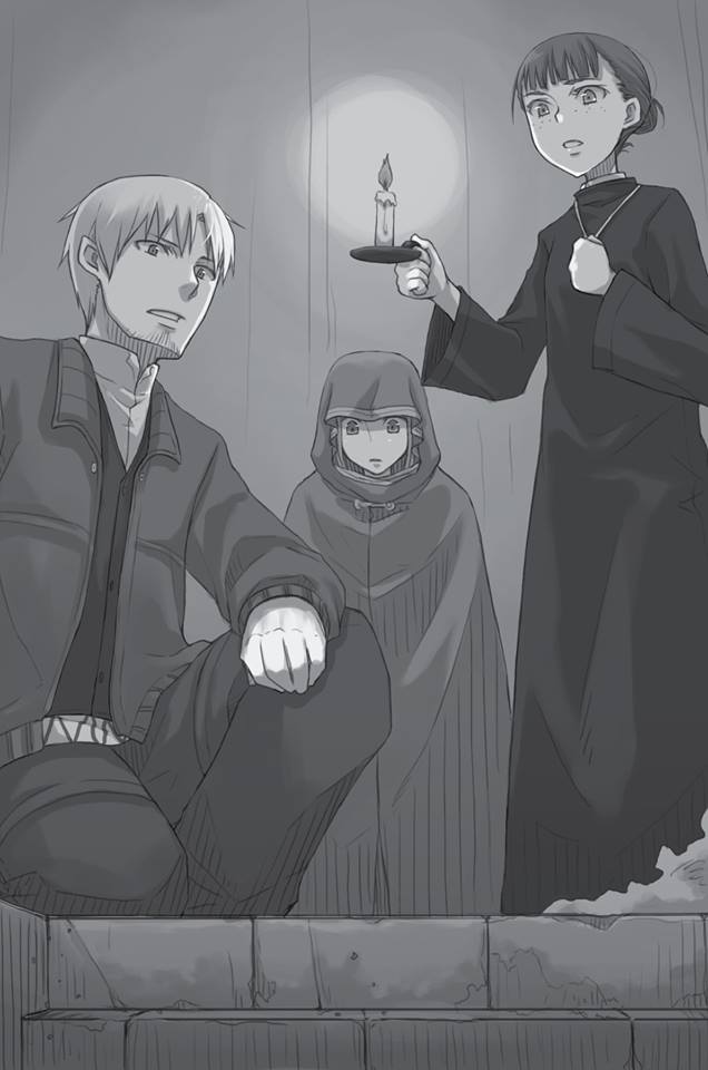 1boy 2girls ayakura_juu beard black_dress candle cape craft_lawrence dress dress_shirt elsa_schtingheim facial_hair greyscale holding_candle holding_necklace holo hood hooded indoors jacket jewelry long_dress monochrome multiple_girls necklace novel_illustration nun official_art one_knee pants parted_lips shirt short_hair spice_and_wolf stairs standing