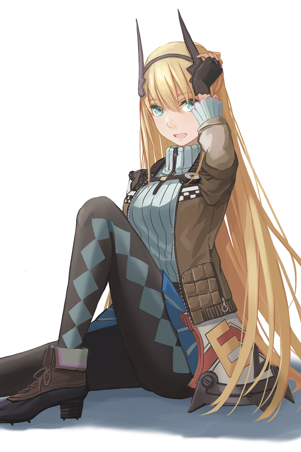 1girl aqua_eyes black_legwear blonde_hair breasts cross-laced_footwear diamond_(shape) fingerless_gloves gloves hairband hand_in_hair highres horned_headwear jacket leather leather_jacket long_hair looking_at_viewer medium_breasts military military_uniform miniskirt open_mouth pantyhose platform_footwear redpoke reiley_miller ribbed_sweater senjou_no_valkyria senjou_no_valkyria_4 shoes simple_background sitting skirt solo sweater turtleneck turtleneck_sweater uniform white_background