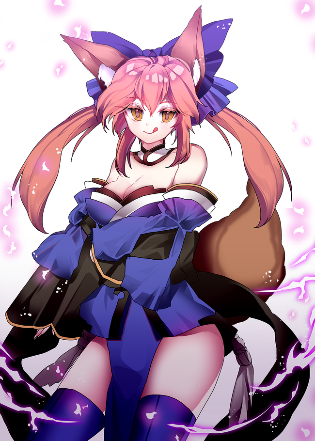 1girl animal_ears bare_shoulders blue_bow blue_legwear blush bow breasts cleavage closed_mouth collarbone detached_sleeves eyebrows_visible_through_hair fate/extra fate/grand_order fate_(series) flower fox_ears fox_tail hair_bow harin_0 japanese_clothes large_breasts long_hair looking_at_viewer pink_hair smile solo tail tamamo_(fate)_(all) tamamo_no_mae_(fate) thigh-highs tongue tongue_out twintails yellow_eyes