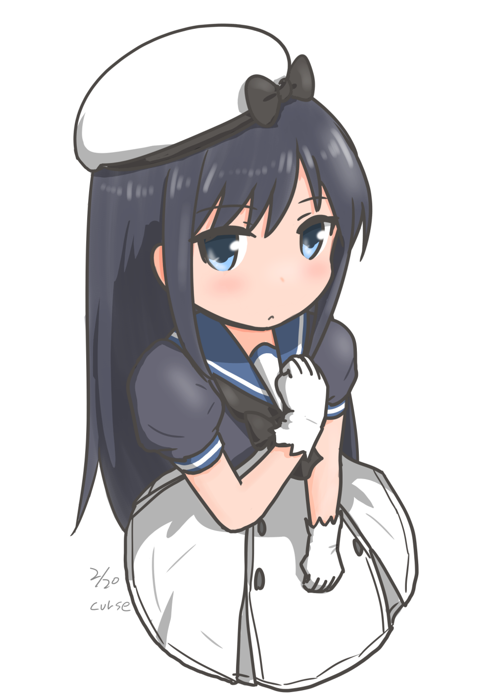 1girl asashio_(kantai_collection) black_hair cosplay curse_(023) dress gloves hand_on_own_chest hat highres jervis_(kantai_collection) jervis_(kantai_collection)_(cosplay) kantai_collection long_hair looking_at_viewer sailor_dress sailor_hat white_background