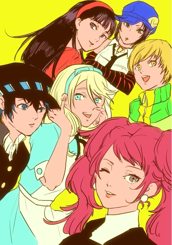 1boy 5girls alice_(wonderland) alice_(wonderland)_(cosplay) amagi_yukiko black_hair blonde_hair blue_eyes blue_hat brown_eyes brown_hair cabbie_hat commentary_request cosplay earrings elbow_gloves gloves green_eyes hair_ribbon hairband hat jewelry kujikawa_rise kuma_(persona_4) kuretatu long_hair marie_(persona_4) multiple_girls odd_one_out one_eye_closed persona persona_4 redhead reverse_trap ribbon satonaka_chie shirogane_naoto short_hair striped trap twintails yellow_eyes