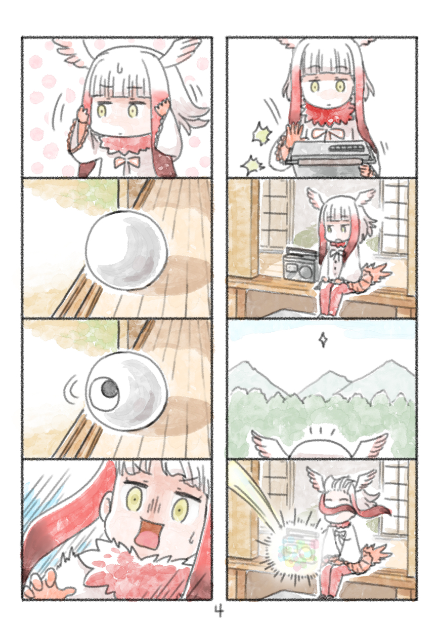 1girl 4koma cassette_player cerulean_(kemono_friends) comic head_wings highres japanese_crested_ibis_(kemono_friends) kemono_friends multicolored_hair multiple_4koma page_number redhead silent_comic surprised white_hair yellow_eyes