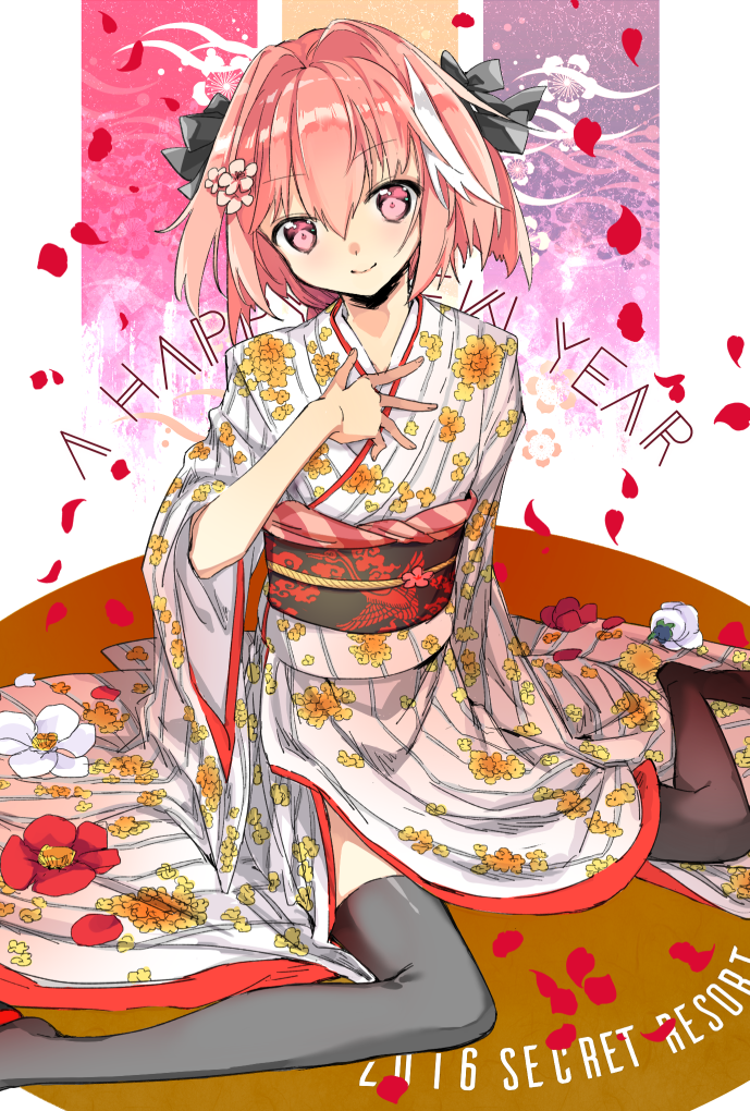 1boy 2016 astolfo_(fate) bangs black_bow black_legwear bow braid closed_mouth commentary_request dot_nose english eyebrows_visible_through_hair fate/apocrypha fate_(series) floral_print flower hair_between_eyes hair_bow hair_intakes hand_on_own_chest hand_up happy_new_year head_tilt japanese_clothes kimono long_hair long_sleeves looking_at_viewer male_focus multicolored_hair new_year no_shoes obi obiage obidome obijime petals pink_hair print_kimono red_flower rouringo sash single_braid sitting sleeves_past_wrists smile solo streaked_hair striped striped_kimono thigh-highs trap two-tone_hair vertical-striped_kimono vertical_stripes violet_eyes wariza white_flower white_hair white_kimono wide_sleeves