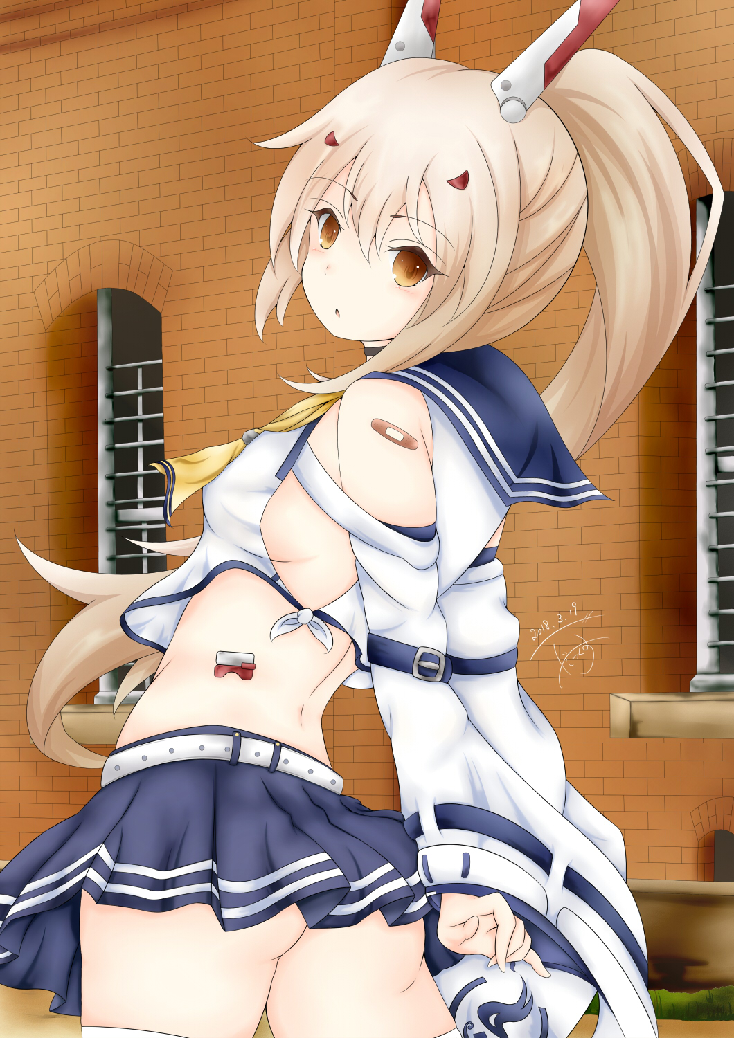 1girl ass ayanami_(azur_lane) azur_lane bandaid_on_arm bangs bare_shoulders blue_sailor_collar blue_skirt breasts brick_wall brown_eyes commentary_request dakkusu day detached_sleeves eyebrows_visible_through_hair hair_between_eyes hair_ornament head_tilt headgear high_ponytail highres leaning_back light_brown_hair long_hair long_sleeves looking_at_viewer looking_back medium_breasts outdoors pleated_skirt ponytail sailor_collar school_uniform serafuku shirt sideboob signature skirt sleeveless sleeveless_shirt solo thigh-highs very_long_hair white_legwear white_shirt wide_sleeves window yellow_neckwear