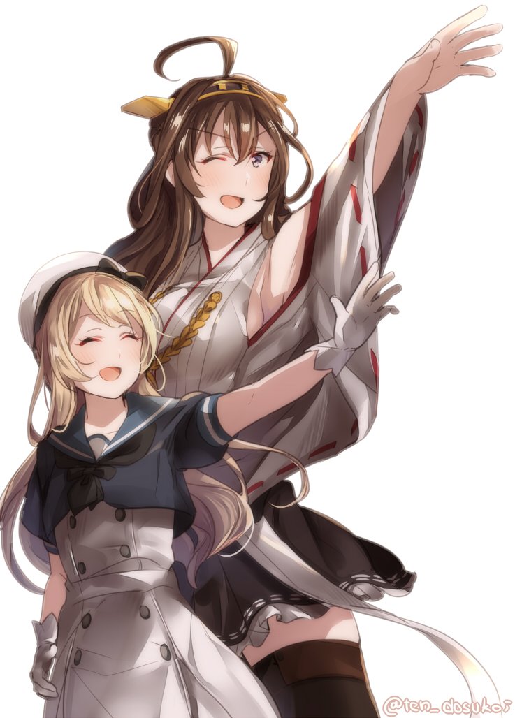 2girls ahoge blonde_hair blue_sailor_collar boots brown_eyes brown_hair brown_legwear closed_eyes detached_sleeves double_bun dress gloves hairband hat headgear japanese_clothes jervis_(kantai_collection) juurouta kantai_collection kongou_(kantai_collection) long_hair multiple_girls nontraditional_miko one_eye_closed outstretched_arm ribbon-trimmed_sleeves ribbon_trim sailor_collar sailor_dress short_sleeves simple_background thigh-highs thigh_boots twitter_username white_background white_dress white_gloves white_hat