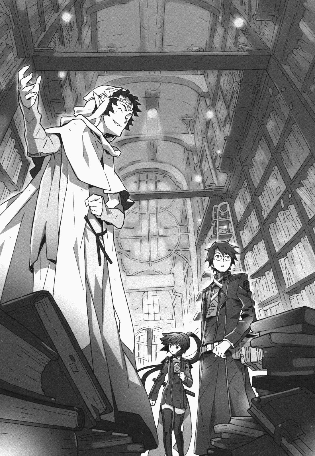 akatsuki_(log_horizon) bookshelf boots closed_eyes dress eyebrows_visible_through_hair floating_hair from_below glasses greyscale grin hair_between_eyes hara_kazuhiro highres hood indoors log_horizon long_hair monochrome novel_illustration official_art pointy_ears ponytail re_gan sheath sheathed shiroe short_dress short_sword smile sword thigh-highs thigh_boots very_long_hair weapon zettai_ryouiki