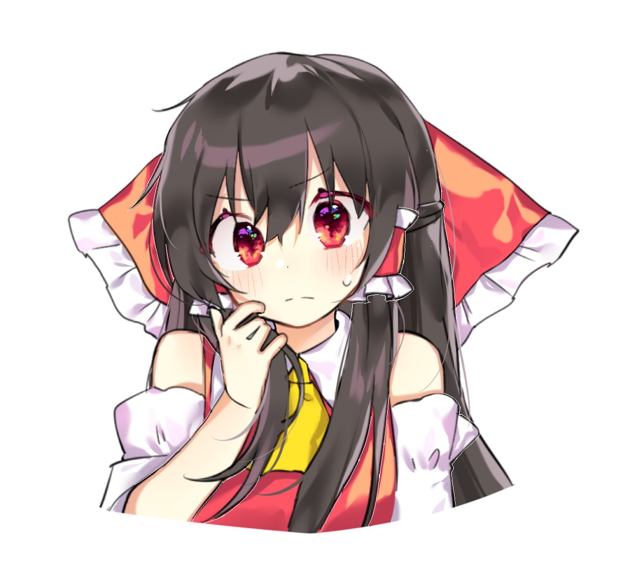 1girl ascot bangs bare_shoulders blouse blush bow cheunes chocolate_hair detached_sleeves drooping_headgear expressive_clothes fidgeting hair_bow hakurei_reimu half_updo head_tilt long_hair looking_at_viewer playing_with_own_hair red_eyes solo straight_hair sweatdrop touhou upper_body v-shaped_eyebrows wide-eyed yellow_neckwear