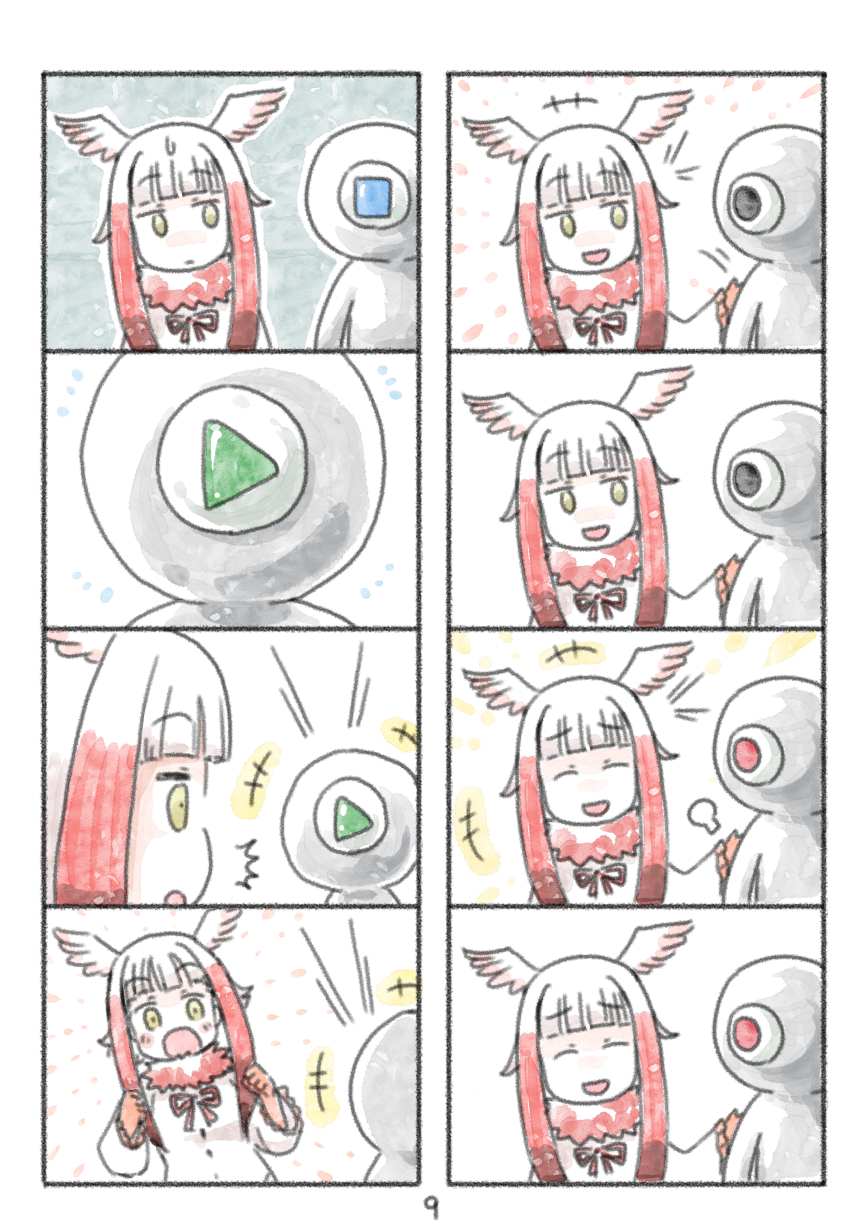 +++ 1girl 4koma :d :o bangs blunt_bangs cerulean_(kemono_friends) comic head_wings highres japanese_crested_ibis_(kemono_friends) kemono_friends multicolored_hair multiple_4koma murakami_rei one-eyed open_mouth page_number redhead silent_comic smile white_hair