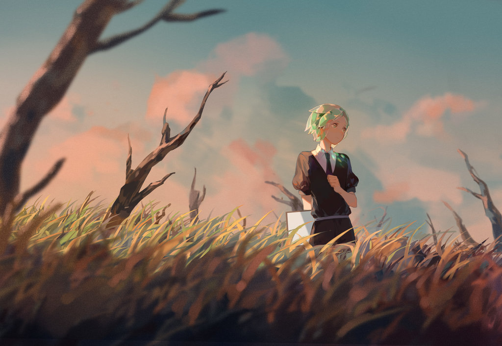 androgynous blue_sky clipboard clouds gem_uniform_(houseki_no_kuni) grass green_eyes green_hair houseki_no_kuni looking_away necktie outdoors phosphophyllite scenery short_hair sky solo tamomoko tree twilight