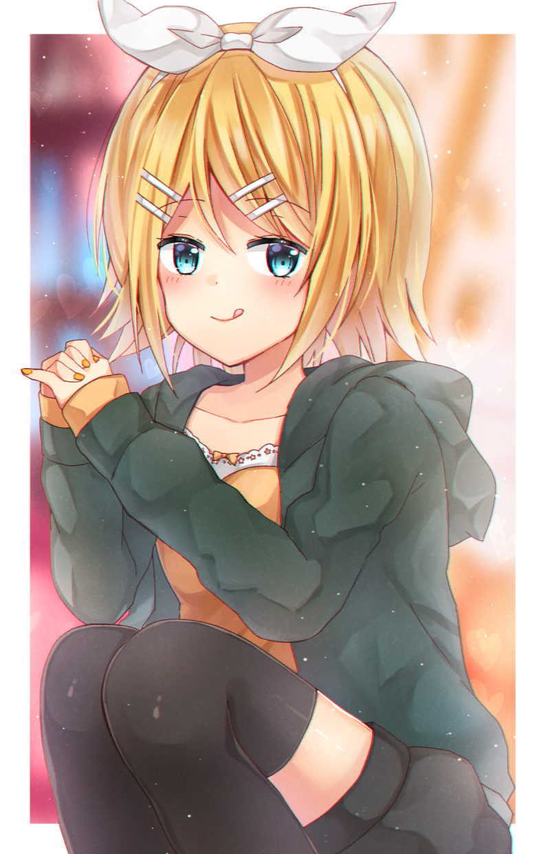1girl :q bangs black_legwear black_shorts blonde_hair blue_eyes blurry blurry_background blush closed_mouth collarbone commentary_request depth_of_field eyebrows_visible_through_hair fingernails green_jacket hair_between_eyes hair_ornament hairclip hands_clasped heart highres hood hood_down hooded_jacket jacket kagamine_rin long_sleeves looking_at_viewer nail_polish orange_nails orange_shirt own_hands_together puffy_shorts shikino_(sikinonono) shirt short_hair short_shorts shorts sleeves_past_wrists smile solo thigh-highs tongue tongue_out vocaloid