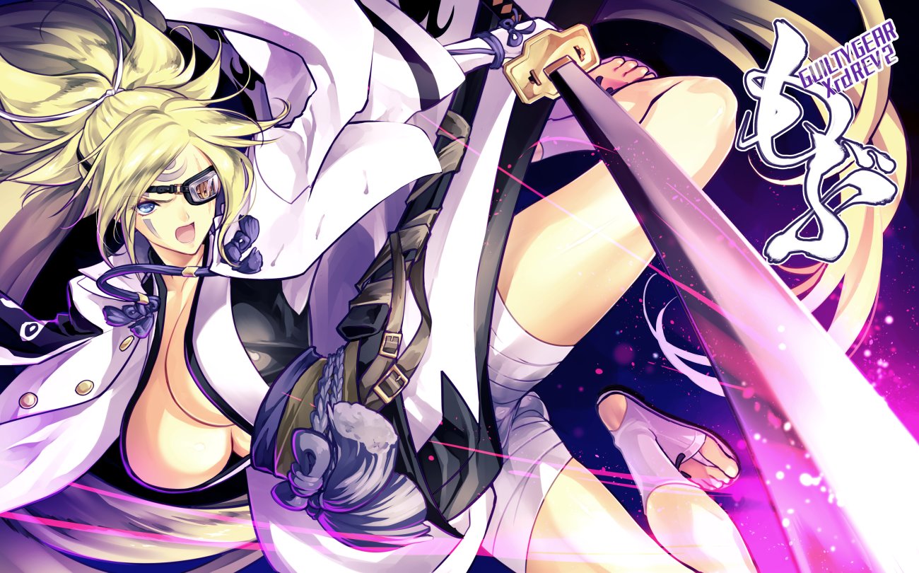 baiken facial_tattoo guilty_gear jako_(toyprn) japanese_clothes katana kimono obi one-eyed open_clothes open_kimono sash scar scar_across_eye sheath sword tattoo weapon