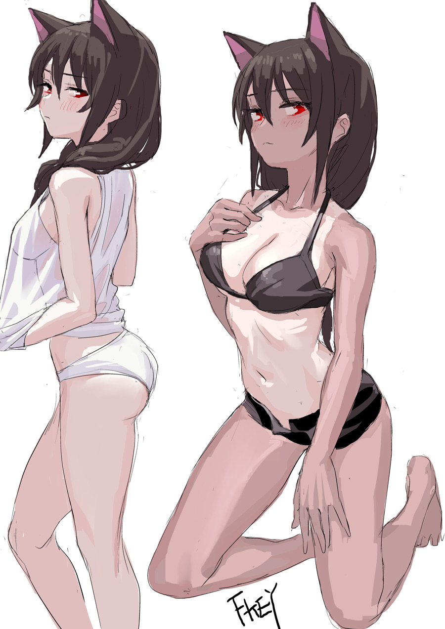 1girl animal_ears artist_name ass black_bra bra breasts brown_hair cat_ears cleavage commentary_request contrapposto fkey from_side hair_between_eyes hair_over_shoulder hand_on_own_chest highres kneeling long_hair looking_at_viewer medium_breasts multiple_views navel one-piece_tan open_fly open_pants original panties red_eyes see-through short_shorts shorts sketch tan tank_top tanline underwear underwear_only white_panties