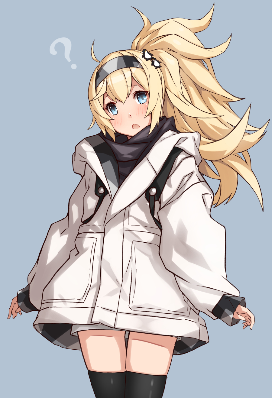 1girl ? alternate_costume alternate_hairstyle black_legwear blonde_hair blue_background blue_eyes blush gambier_bay_(kantai_collection) hair_between_eyes highres jacket kantai_collection long_hair long_sleeves open_mouth side_ponytail simple_background solo takanashi_kei_(hitsujikan) thigh-highs white_jacket