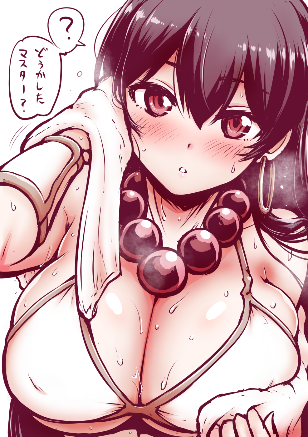 1girl bead_necklace beads bikini bikini_top blush breasts brown_hair cleavage earrings erect_nipples fate/grand_order fate_(series) flying_sweatdrops hair_between_eyes highres hoop_earrings jewelry kanno_takanori large_breasts long_hair looking_at_viewer necklace parted_lips prayer_beads red_eyes solo sweat sweating swimsuit towel under_boob upper_body white_bikini wiping_sweat xuanzang_(fate/grand_order)
