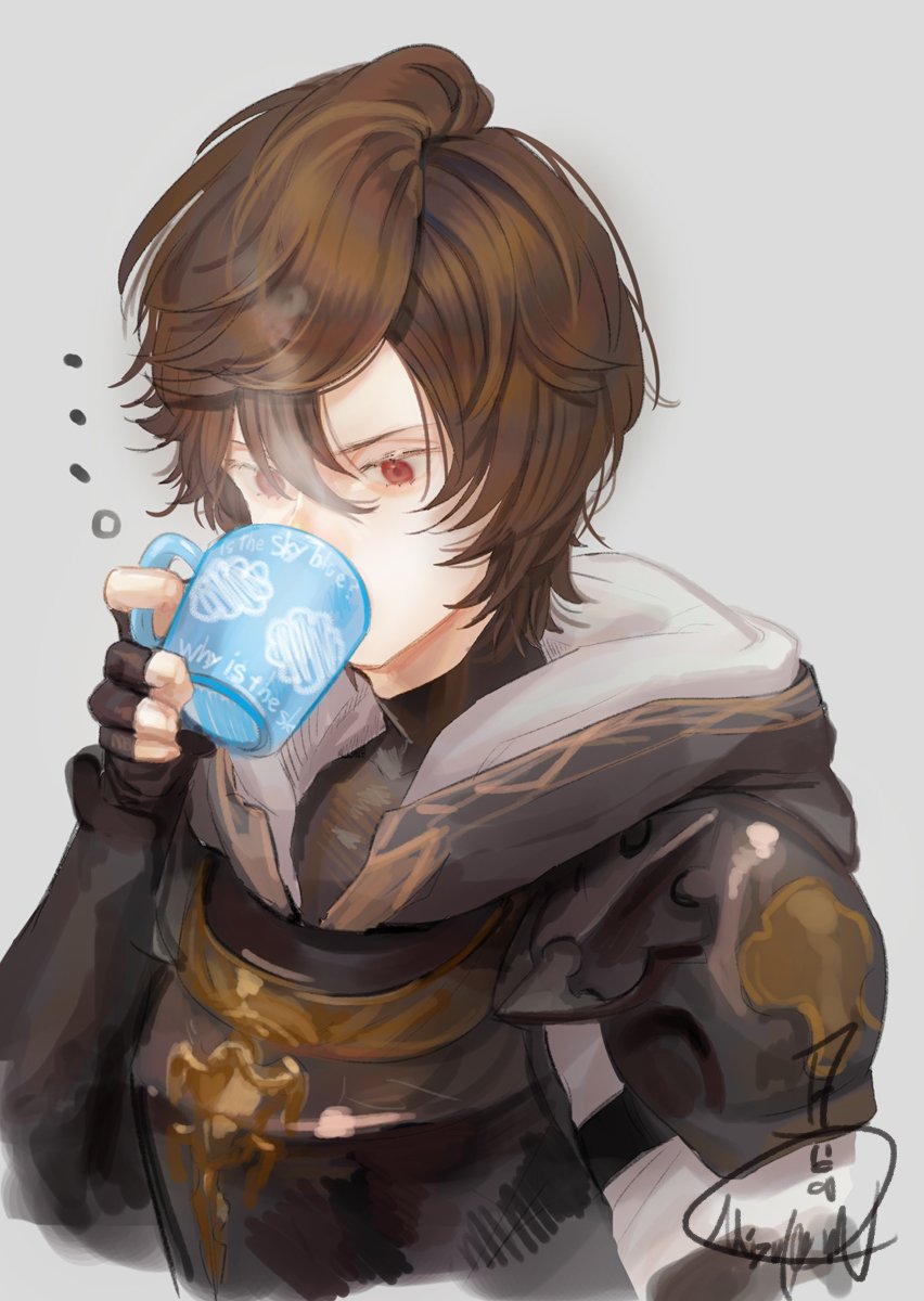 armor brown_hair coffee coffee_cup fingerless_gloves gloves granblue_fantasy highres hood hood_down male_focus mizutame_tori red_eyes sandalphon_(granblue_fantasy) short_hair steam