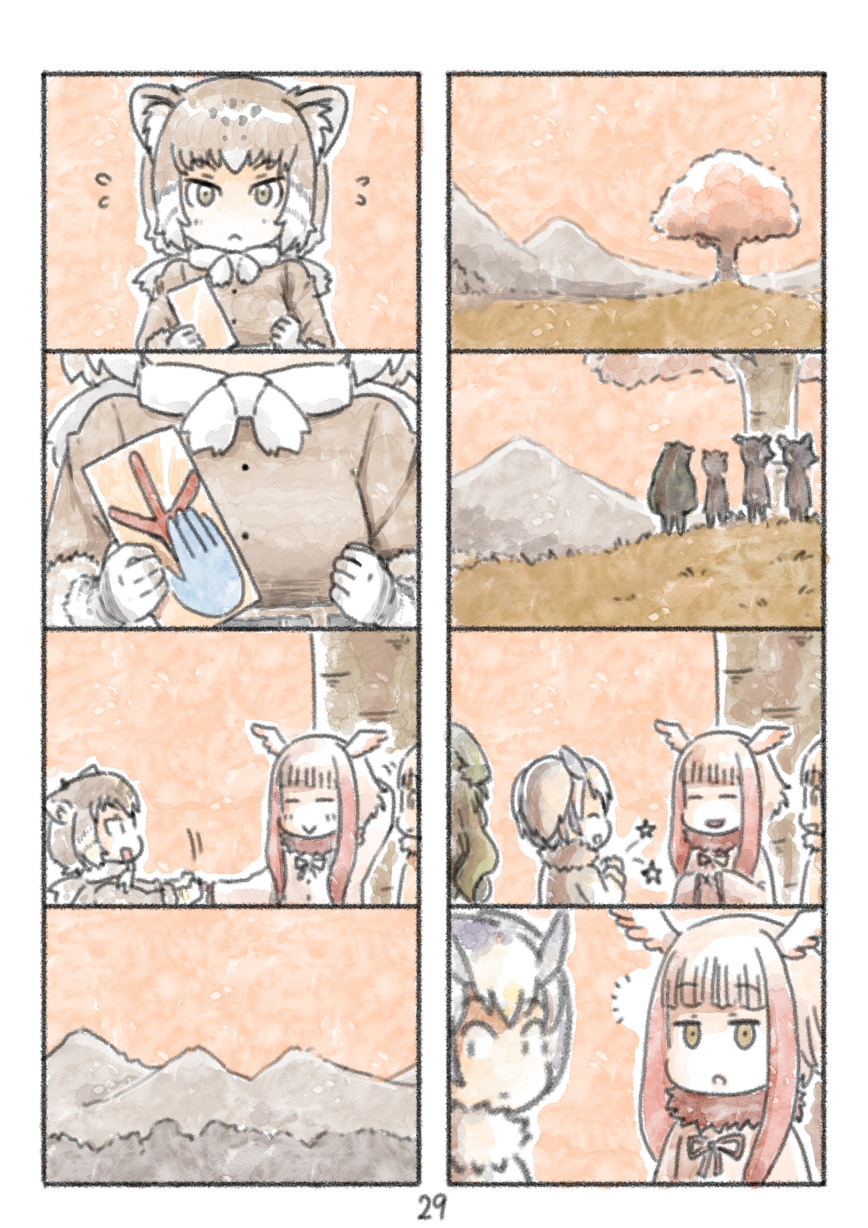 4koma :&lt; animal_ears bangs blunt_bangs cat_ears comic handshake head_wings highres japanese_crested_ibis_(kemono_friends) kemono_friends multicolored_hair multiple_4koma multiple_girls murakami_rei northern_white-faced_owl_(kemono_friends) page_number pallas's_cat_(kemono_friends) redhead silent_comic sunset white_hair yellow_eyes