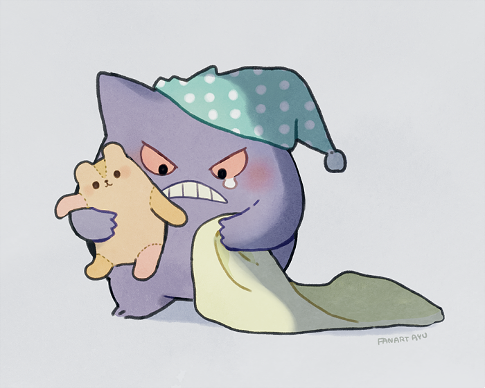 :3 artist_name ayu_(mog) black_eyes blanket blush bobblehat frown full_body gen_1_pokemon gengar grey_background looking_at_viewer no_humans open_mouth pokemon pokemon_(creature) polka_dot_hat red_scarf scarf simple_background standing stuffed_animal stuffed_toy teardrop teddy_bear teeth