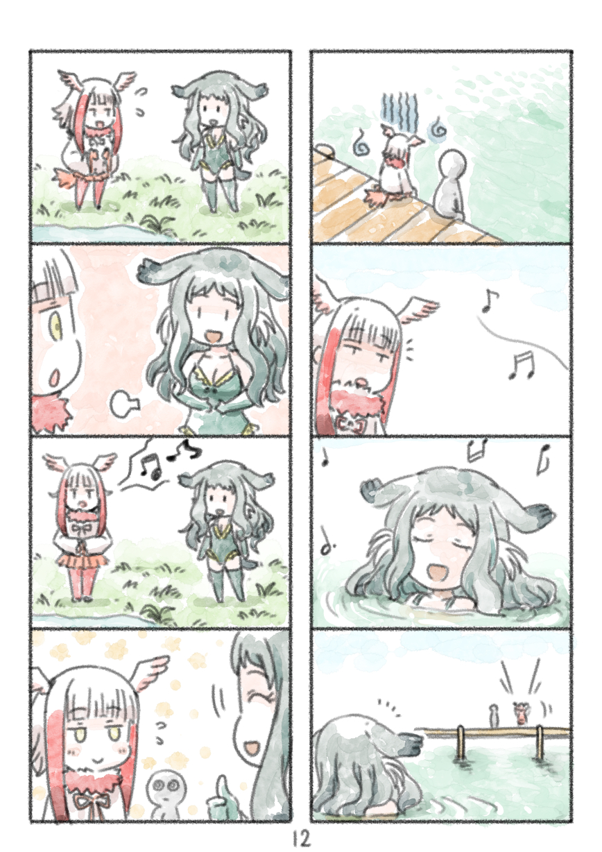 2girls 4koma bangs blunt_bangs cerulean_(kemono_friends) character_request comic gloom_(expression) head_wings highres japanese_crested_ibis_(kemono_friends) kemono_friends multicolored_hair multiple_4koma multiple_girls murakami_rei music musical_note page_number pier redhead silent_comic singing sitting thumbs_up white_hair yellow_eyes