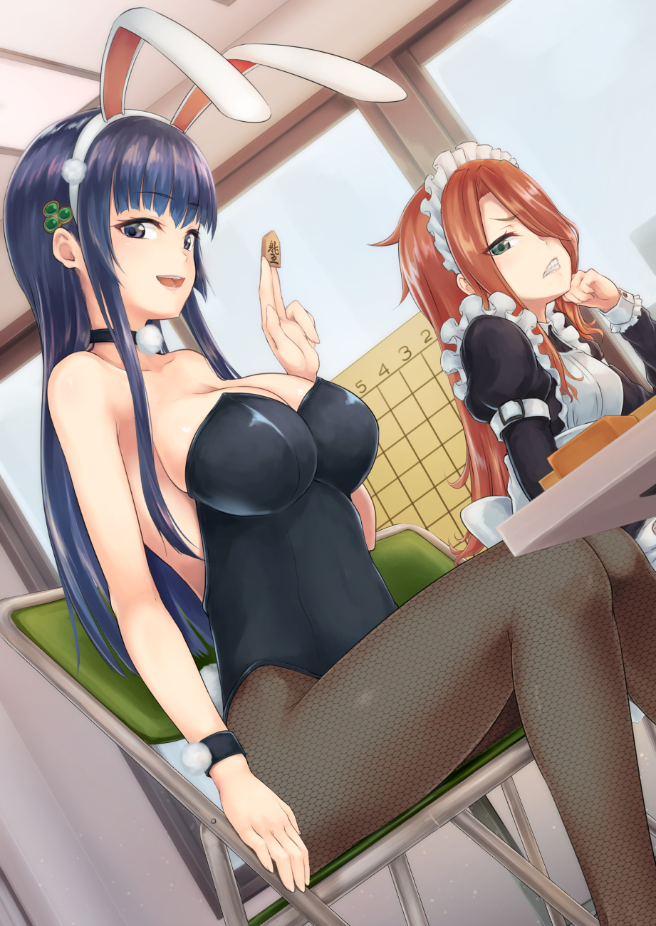 2girls animal_ears apron arm_at_side bangs bare_shoulders between_fingers black_choker black_legwear black_leotard blue_eyes blue_hair blue_sky blunt_bangs board_game breasts bunny_tail bunnysuit chair choker cleavage clenched_teeth collarbone day dutch_angle fake_animal_ears fake_tail feet_out_of_frame folding_chair frills green_eyes hair_ornament hair_over_one_eye hairband hairpin hand_on_own_cheek highres holding indoors kugui_machi large_breasts leotard long_hair looking_at_viewer maid maid_headdress multiple_girls ohnaka0515 on_chair pantyhose rabbit_ears redhead ryuuou_no_oshigoto! shiny shiny_hair shougi sitting sky strapless strapless_leotard table tail teeth trait_connection tsukiyomizaka_ryou tsurime very_long_hair white_apron white_hairband window wristband