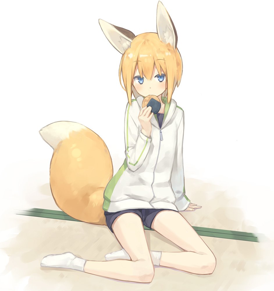 1girl animal_ears arm_support bangs blue_eyes blush commentary_request eating eyebrows_visible_through_hair food fox_ears fox_tail full_body holding holding_food hood hood_down hoodie long_sleeves looking_at_viewer no_shoes orange_hair original poco_(asahi_age) senbei shiratama_kitsune short_hair shorts sitting socks solo tail tatami white_legwear yokozuwari zipper