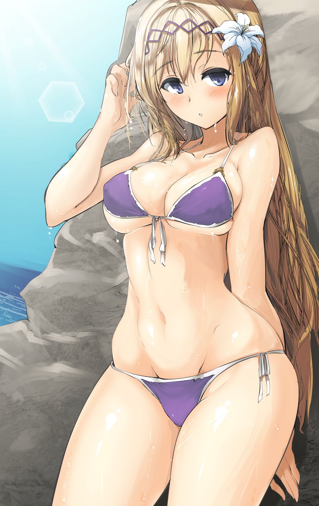 1girl bikini blonde_hair blue_eyes blue_sky breasts flower front-tie_top granblue_fantasy groin hair_flower hair_ornament hairband highres horizon jeanne_d'arc_(granblue_fantasy) large_breasts lens_flare long_hair looking_at_viewer momio navel outdoors purple_bikini rock side-tie_bikini sky solo swimsuit tiara water wet