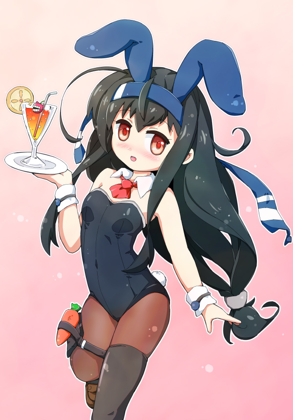 1girl animal_ears bare_shoulders black_hair black_legwear black_leotard blush bow bowtie breasts brown_legwear bunny_girl bunny_tail bunnysuit cup detached_collar drinking_glass drinking_straw fake_animal_ears glass hatsushimo_(kantai_collection) headband kantai_collection leotard long_hair low-tied_long_hair open_mouth pantyhose pink_background rabbit_ears red_eyes single_thighhigh small_breasts smile solo strapless strapless_leotard tail thigh-highs tray wrist_cuffs zipang_(zip@ng_works)